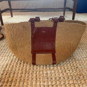 Chloé Braided Straw Tote with Brown Leather Trim